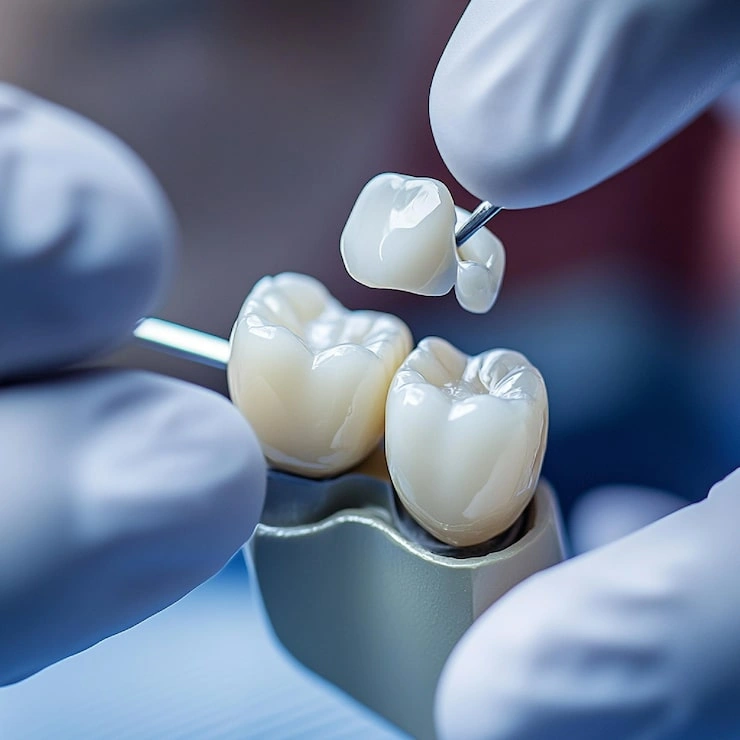 dentist placing dental crown patients tooth with focus crown bonding process 1327465 21796
