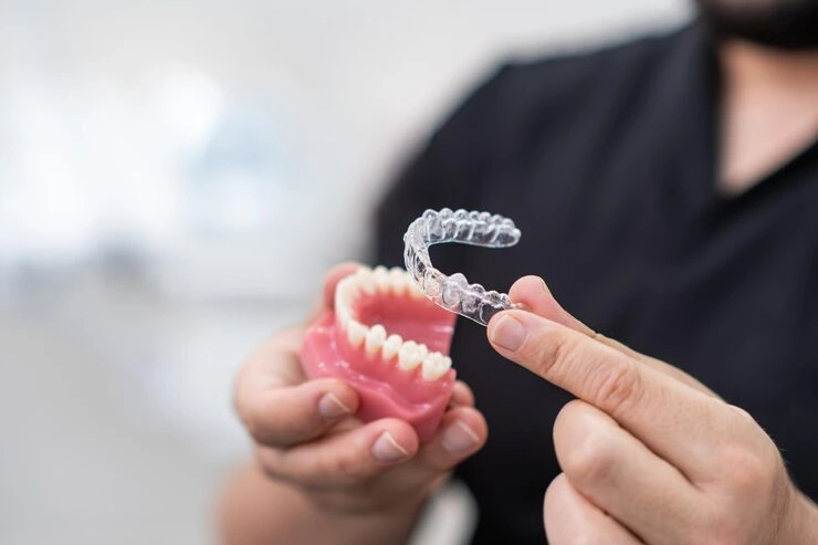 doctor installing clear aligners plastic human jaw model show simple effective device 210545 4367